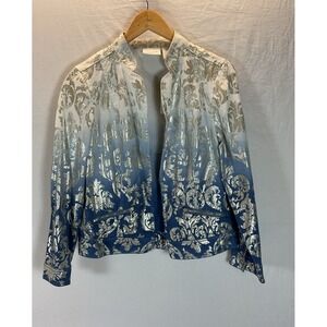 CHICO'S STUNNING SILVER FOIL DENIM OPEN JACKET SZ‎ 1 Small NEW festive